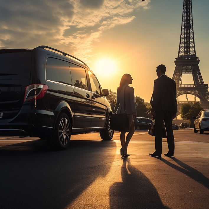Femme et homme d'affaires se dirigeant vers leur van de luxe à Paris