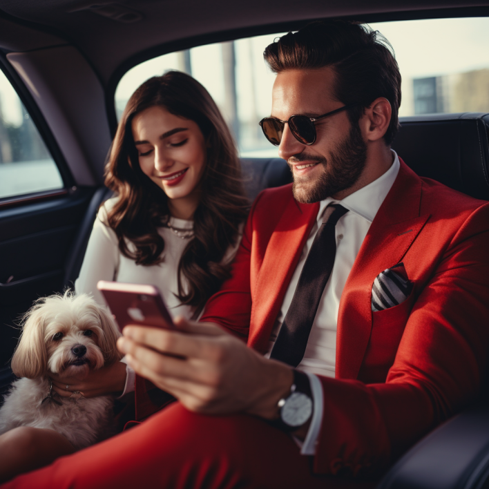 Couple de luxe avec leur chien à bord de leur voiture de luxe