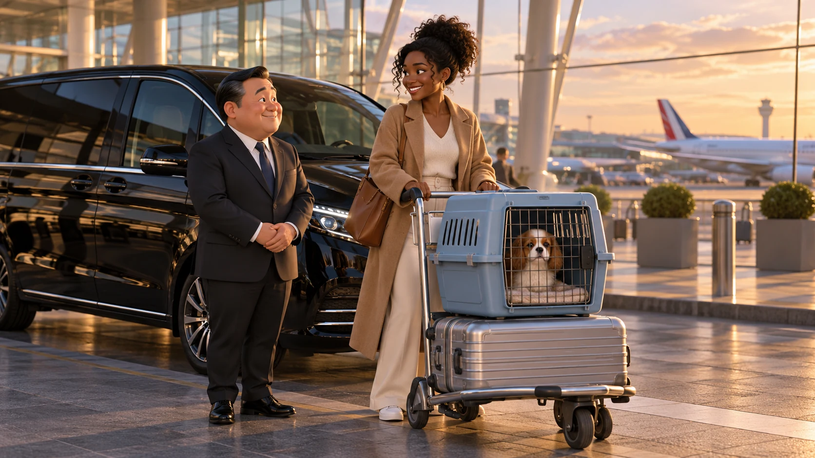 Airport departure for a long-distance pet taxi journey with an IATA travel crate