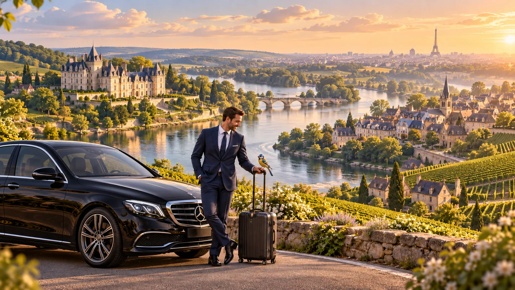 A chauffeur in a navy suit stands beside a black saloon with French castles and vineyards in the background