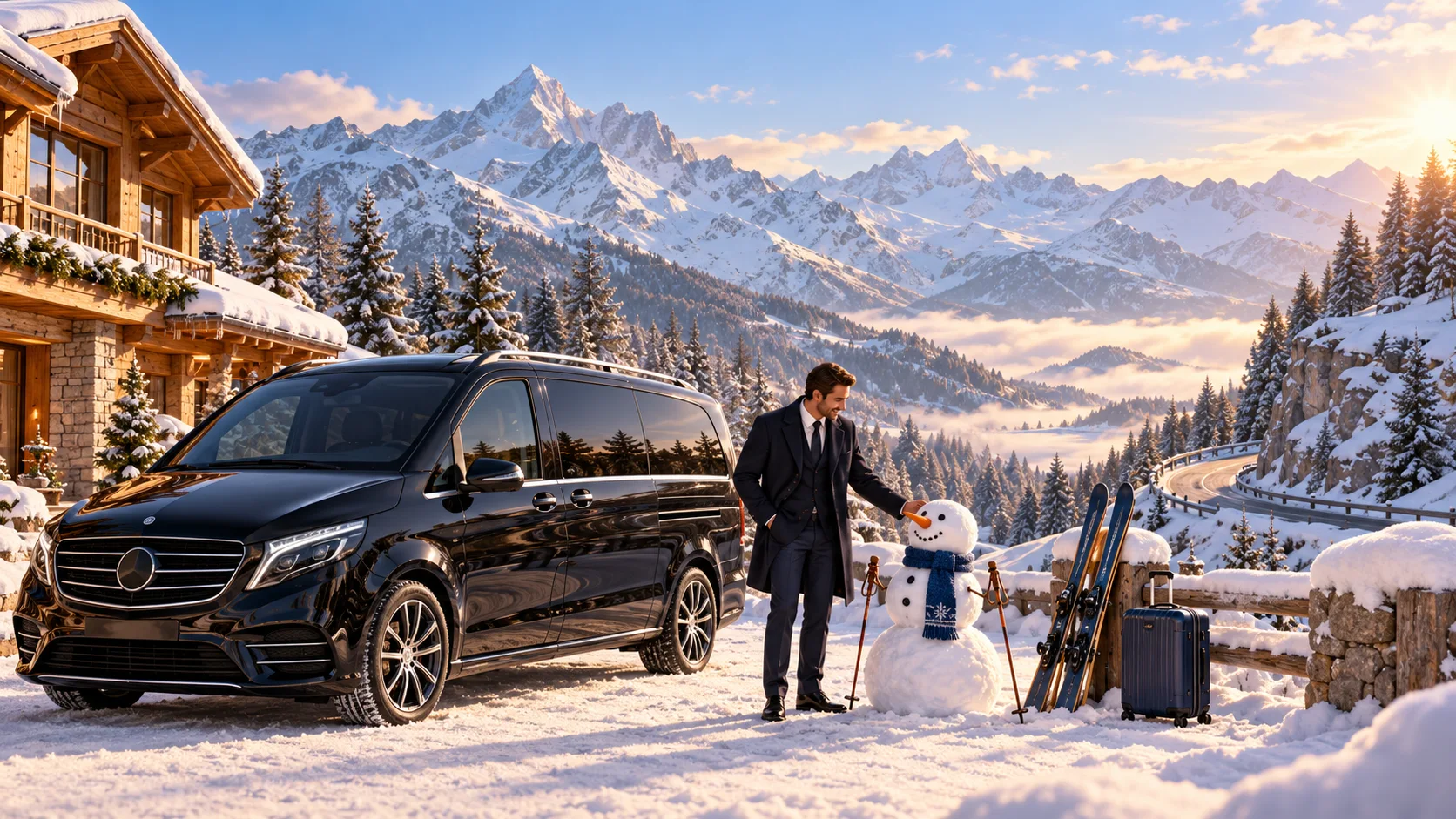A chauffeur without a cap beside a black van, skis and a snowman outside an Alpine chalet