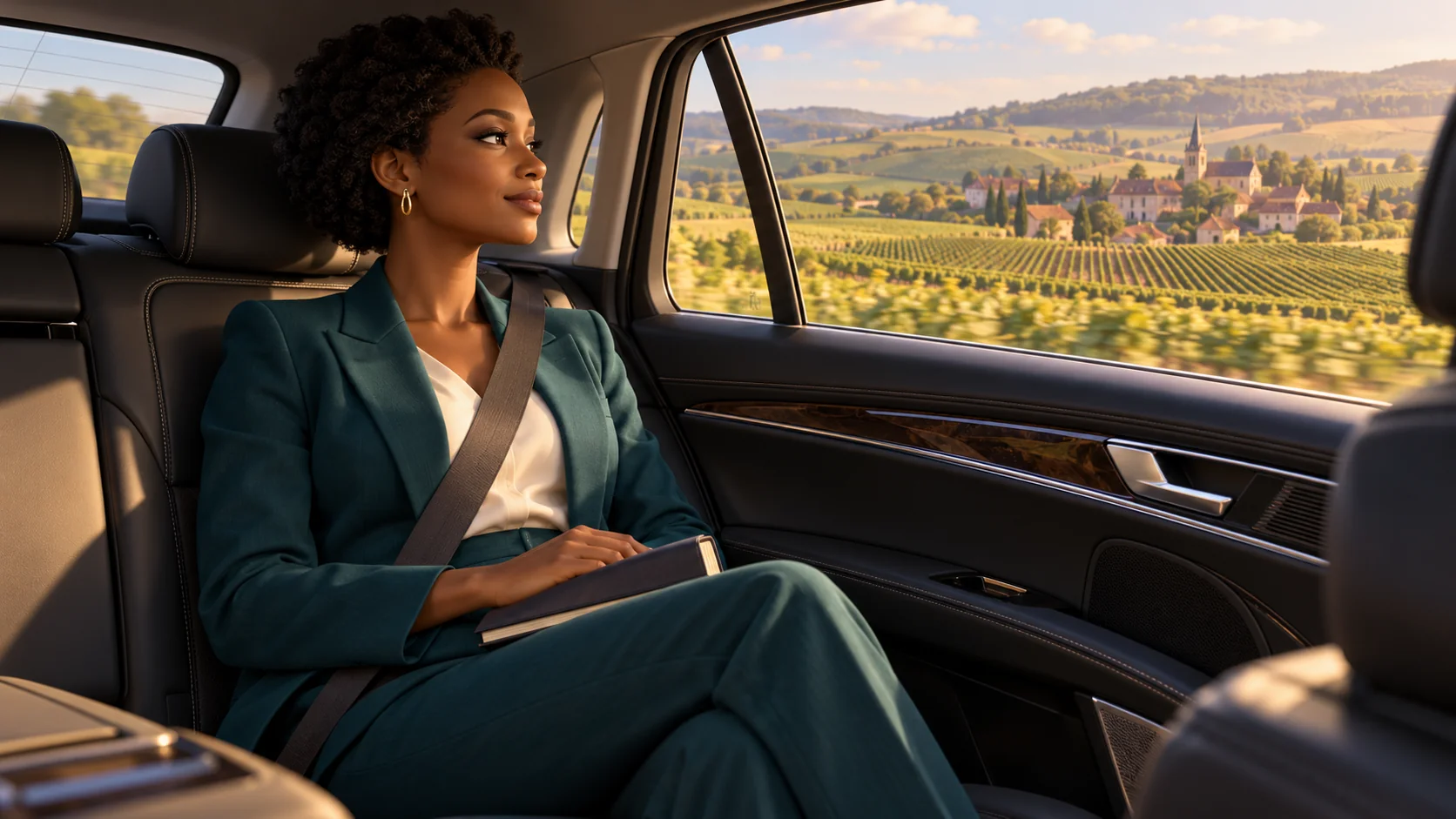 A business traveller sits in the back of a saloon with her seat belt fastened and vineyards outside the window