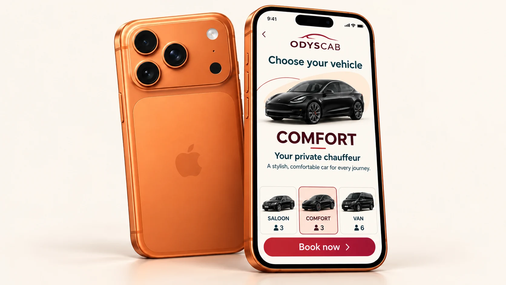 Two orange iPhones showing the Odyscab app in English and a black Tesla