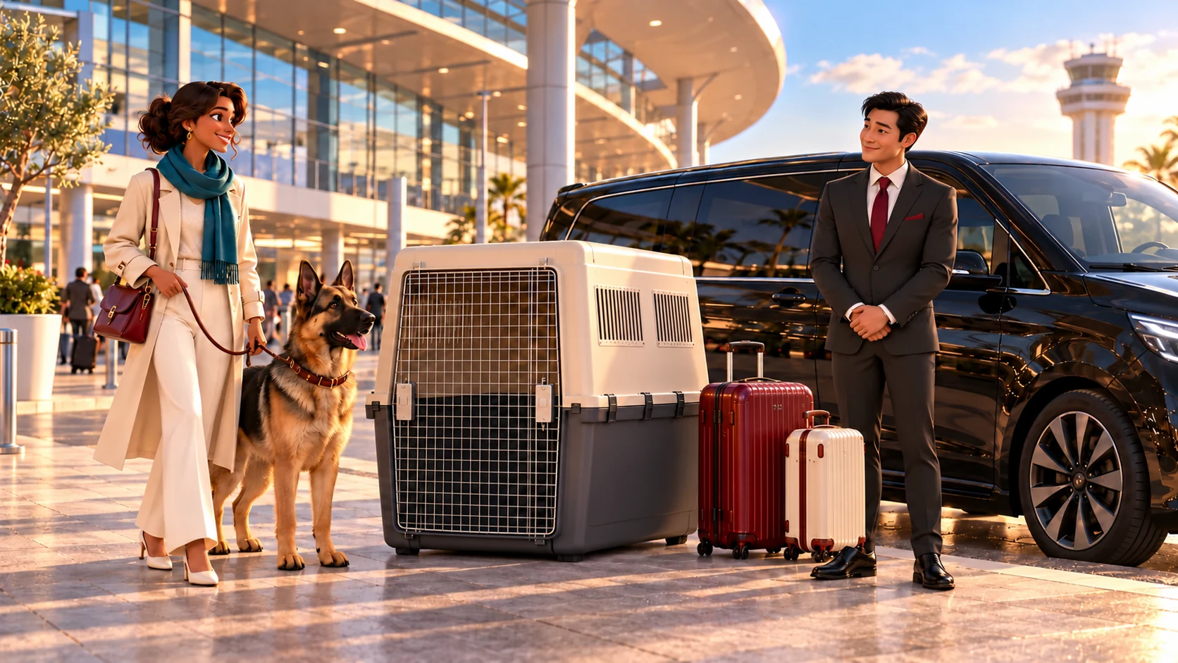 A traveller and her German Shepherd on a lead wait beside a large travel crate and a van outside an airport terminal