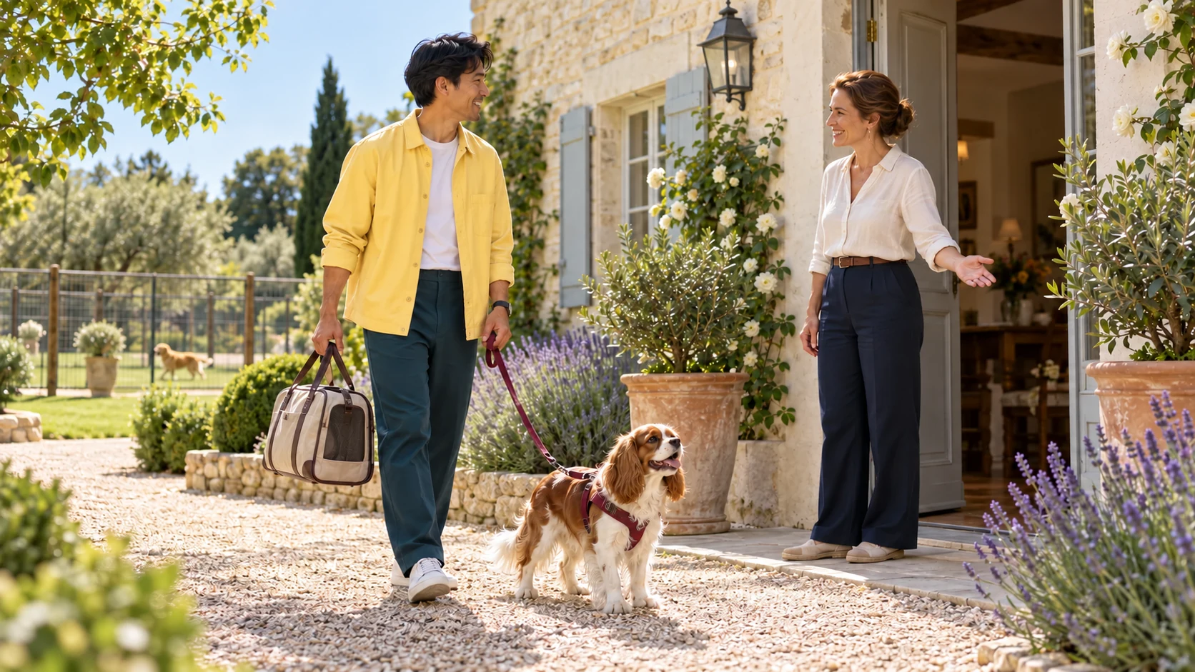 A man in a yellow shirt and his Cavalier King Charles Spaniel on a lead are welcomed at a boarding facility with a garden