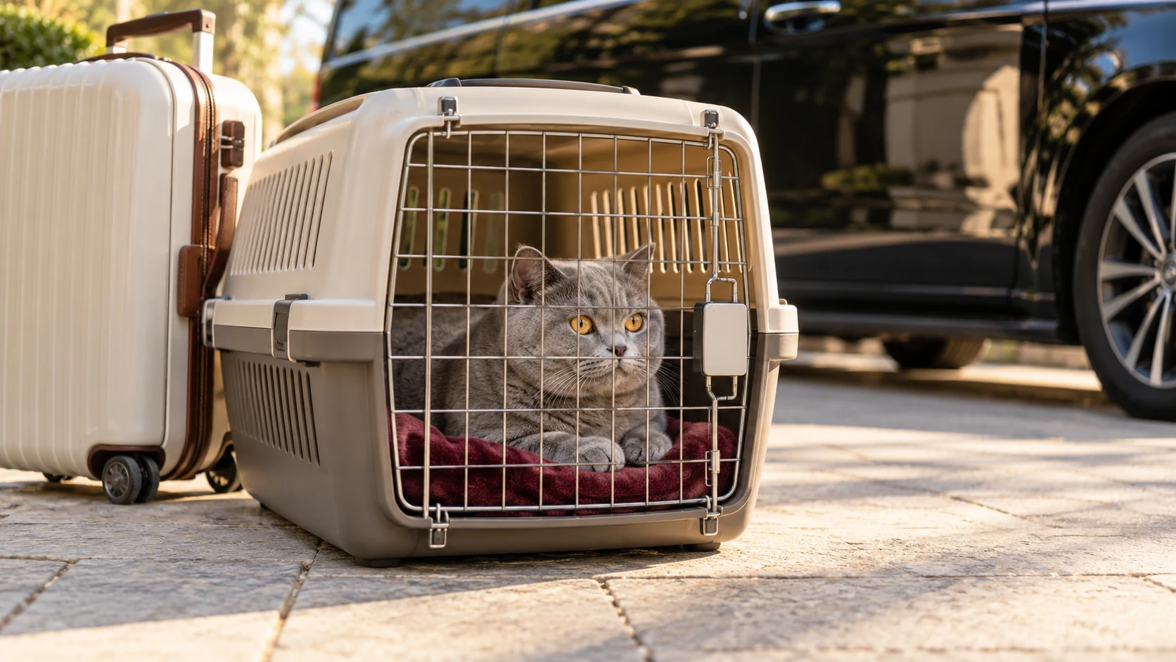 A grey cat rests in a closed travel carrier beside a suitcase and a black van