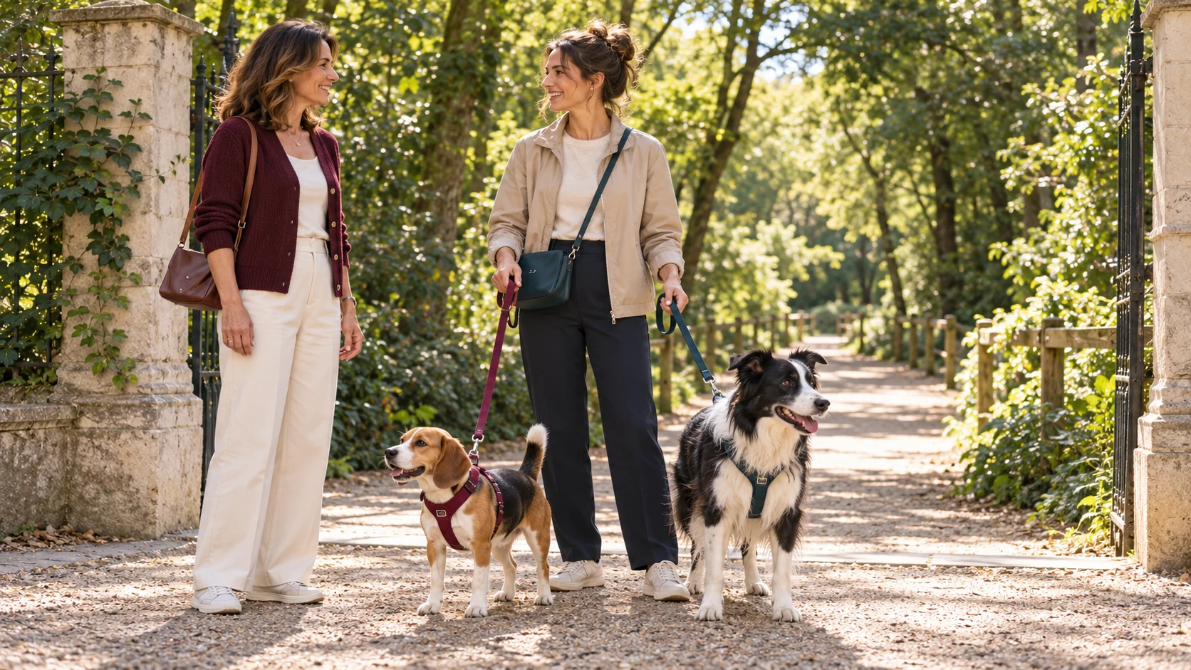 A dog walker and an owner meet at the start of a woodland path with a Beagle and a Border Collie on leads