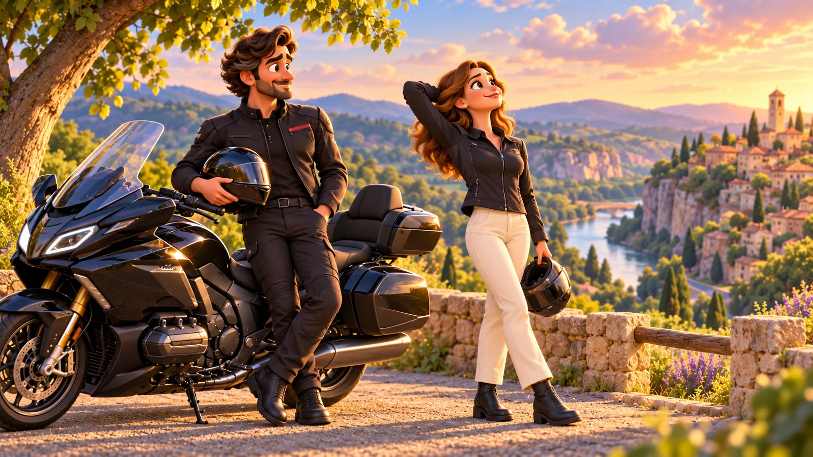 Long-distance motorcycle taxi — 3D illustration of a journey break 3D illustration of a chauffeur and female passenger taking a break beside a touring motorcycle in the French countryside