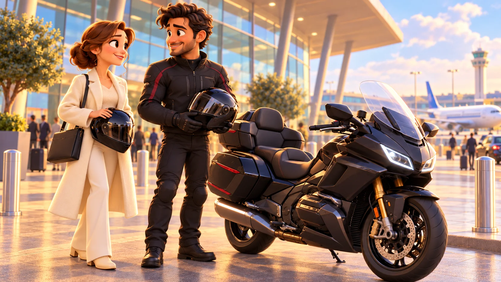 Motorcycle taxi Paris — 3D airport transfer illustration 3D illustration of a motorcycle taxi chauffeur welcoming a female passenger outside an airport terminal