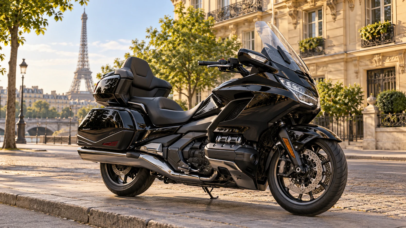 Motorcycle taxi Paris — touring motorcycle comfort Black touring motorcycle with passenger seat and storage on a Paris street, illustrating the Odyscab motorcycle taxi service