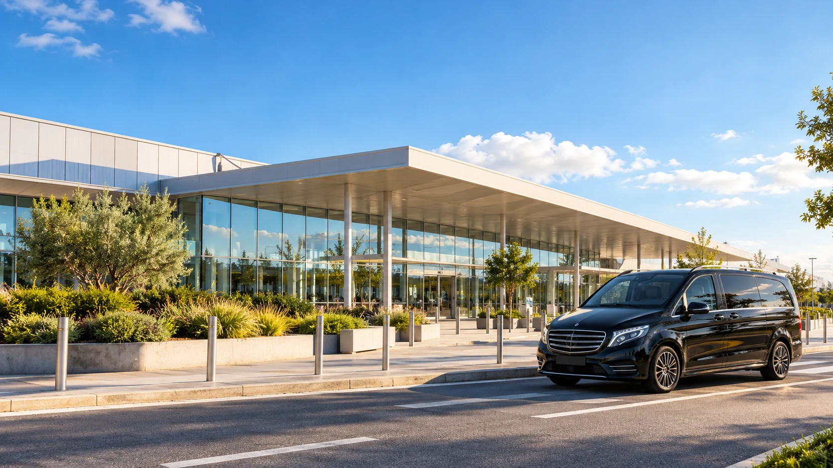 Black people carrier outside a low-rise modern airport terminal under a blue sky