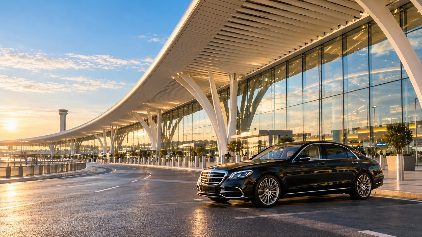 Black saloon outside a curved glass airport building in daylight