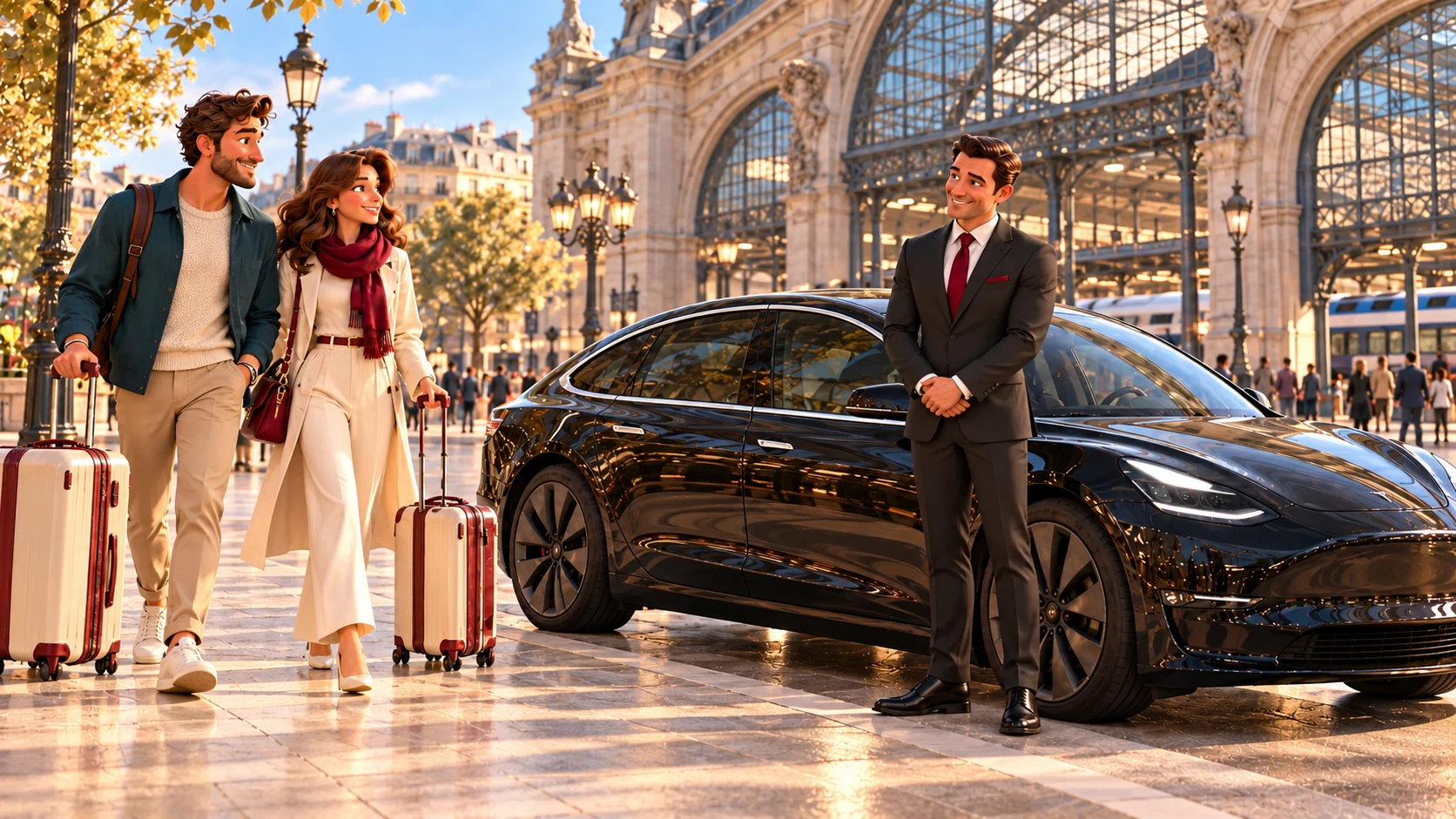 A private chauffeur welcomes a couple and their suitcases outside a Paris station beside a black saloon