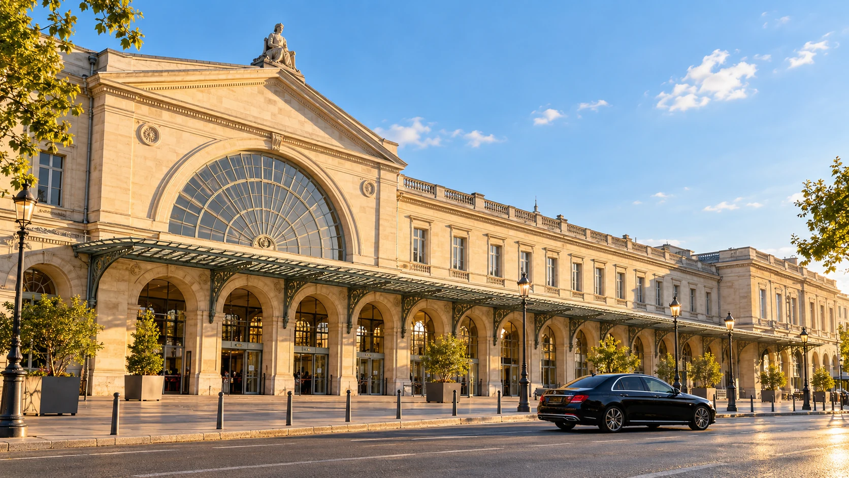 A black saloon outside a pale-stone Paris station facade with a large semicircular glass window