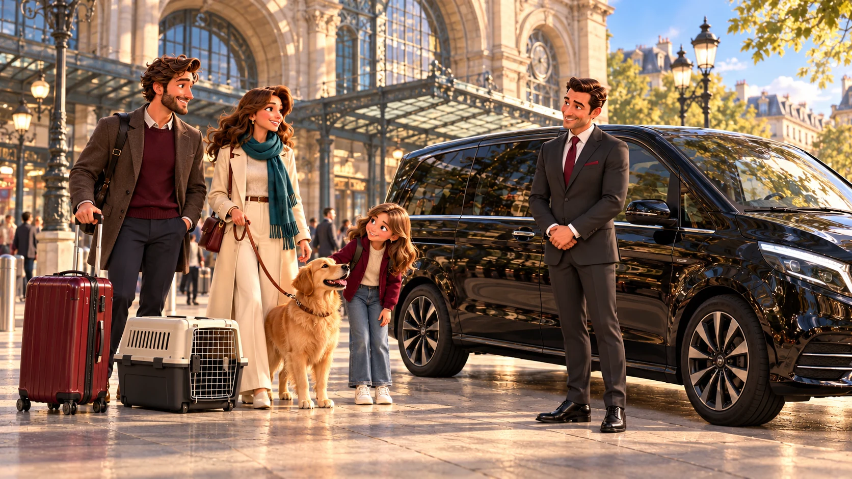 A family with a child, a dog on a lead and a pet carrier approaches its private vehicle near a train station