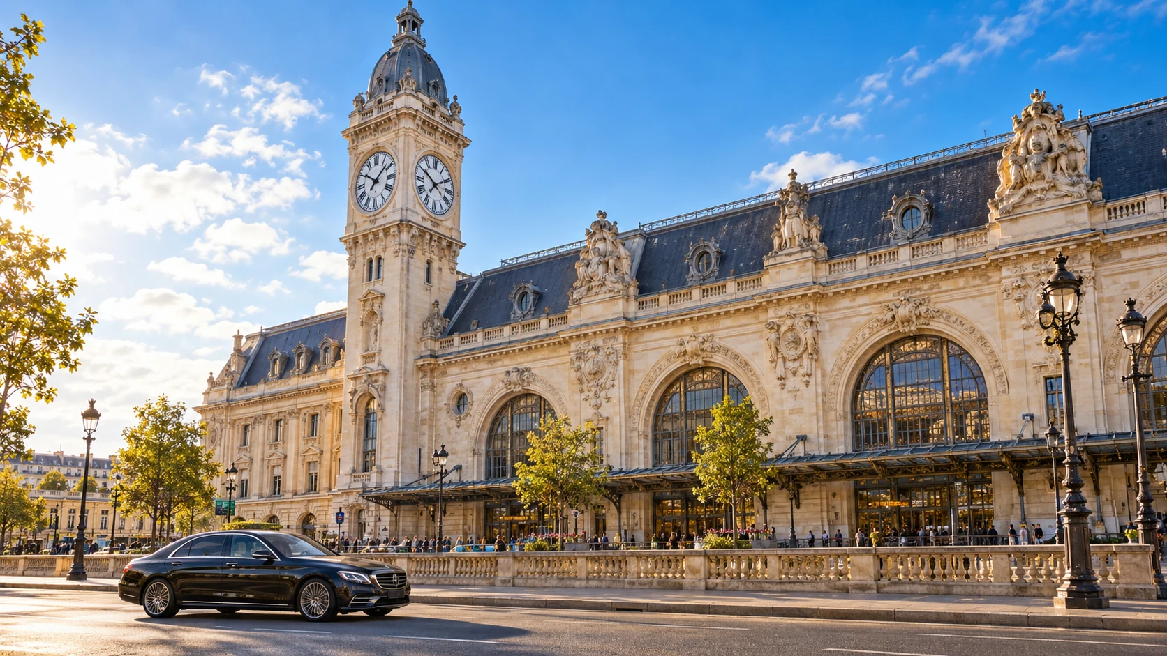 A black saloon on a Paris street outside a pale-stone station facade with a clock tower