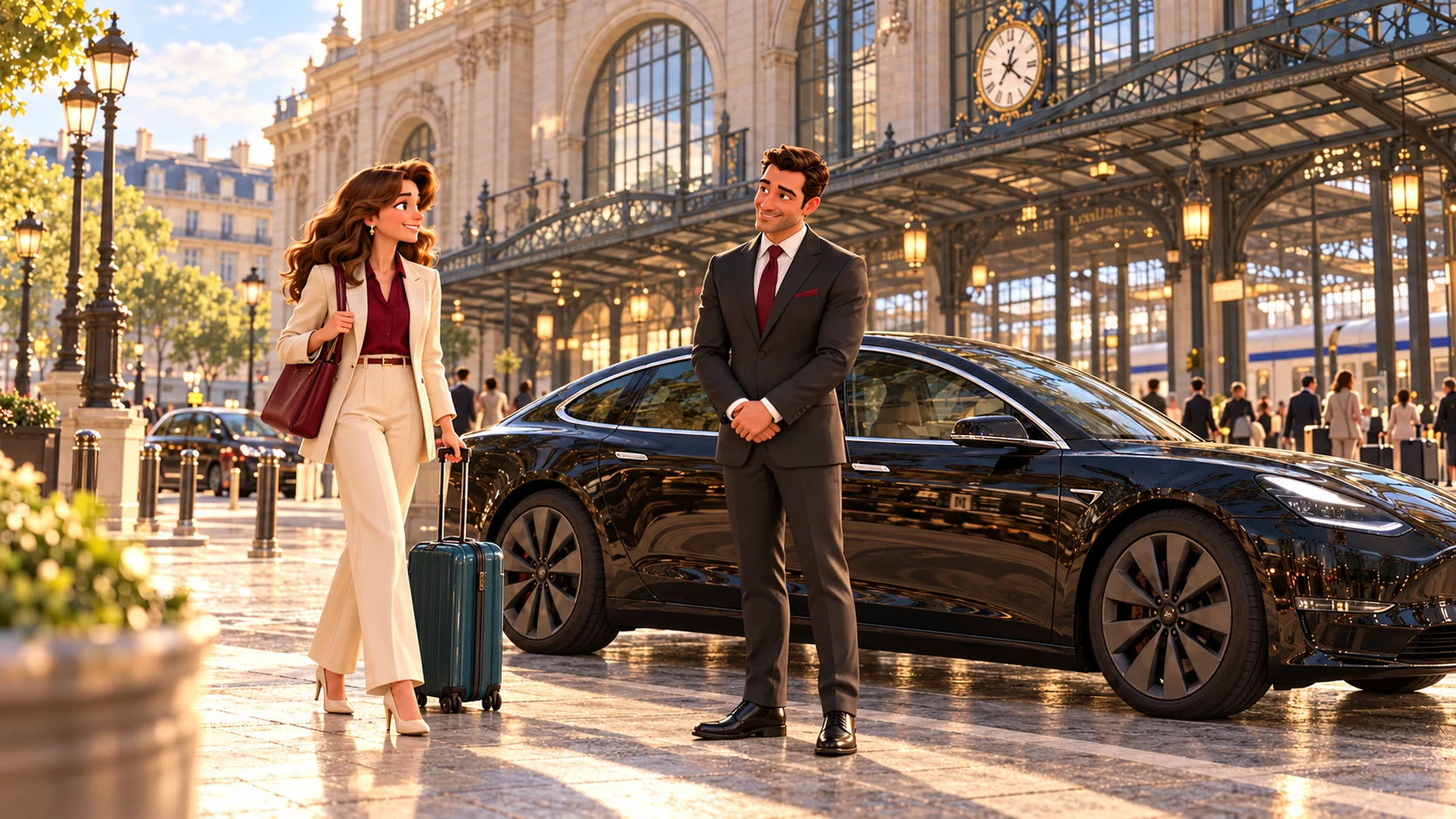 A business traveller meets her chauffeur beside a black saloon on a station forecourt