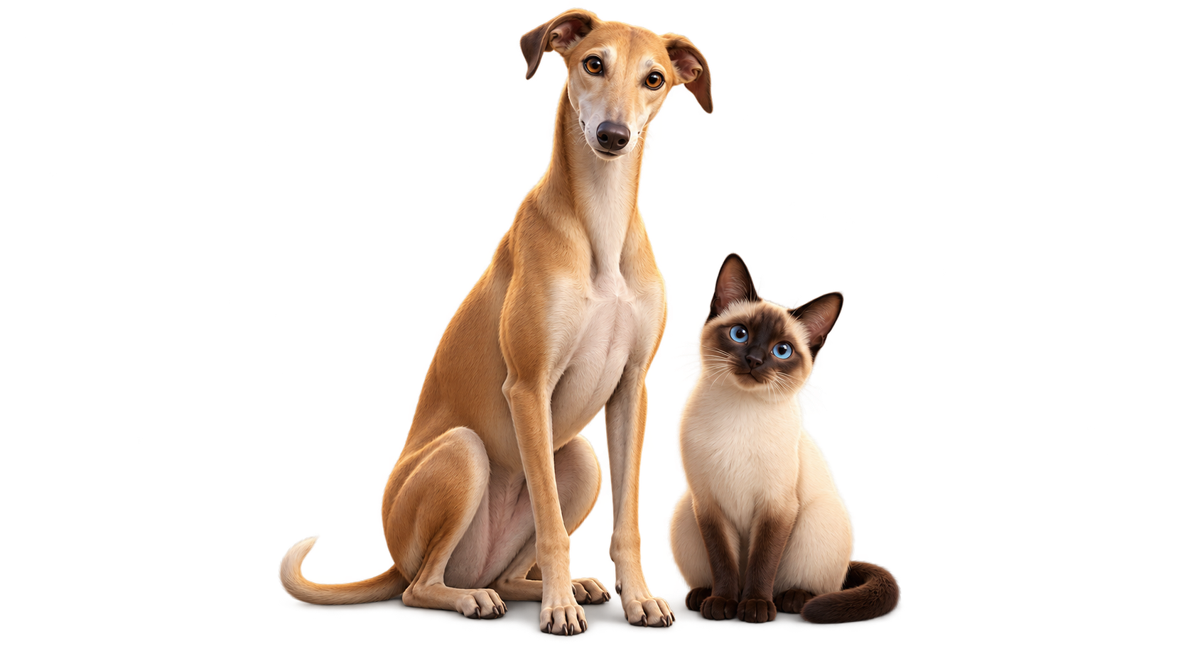 VTC aéroport avec animaux — Odyscab Un lévrier et un chat siamois côte à côte pour un transfert VTC aéroport avec animaux