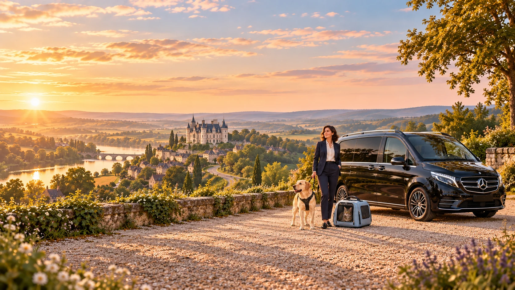 Chauffeuse avec un labrador en harnais et un chat dans son sac de transport, près d’un van noir dans un paysage de Loire