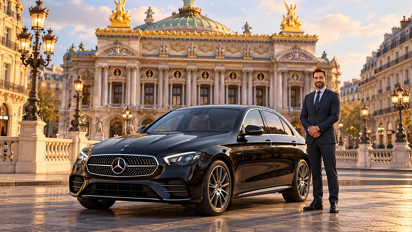 Une Mercedes Classe E noire et un chauffeur devant l’Opéra Garnier