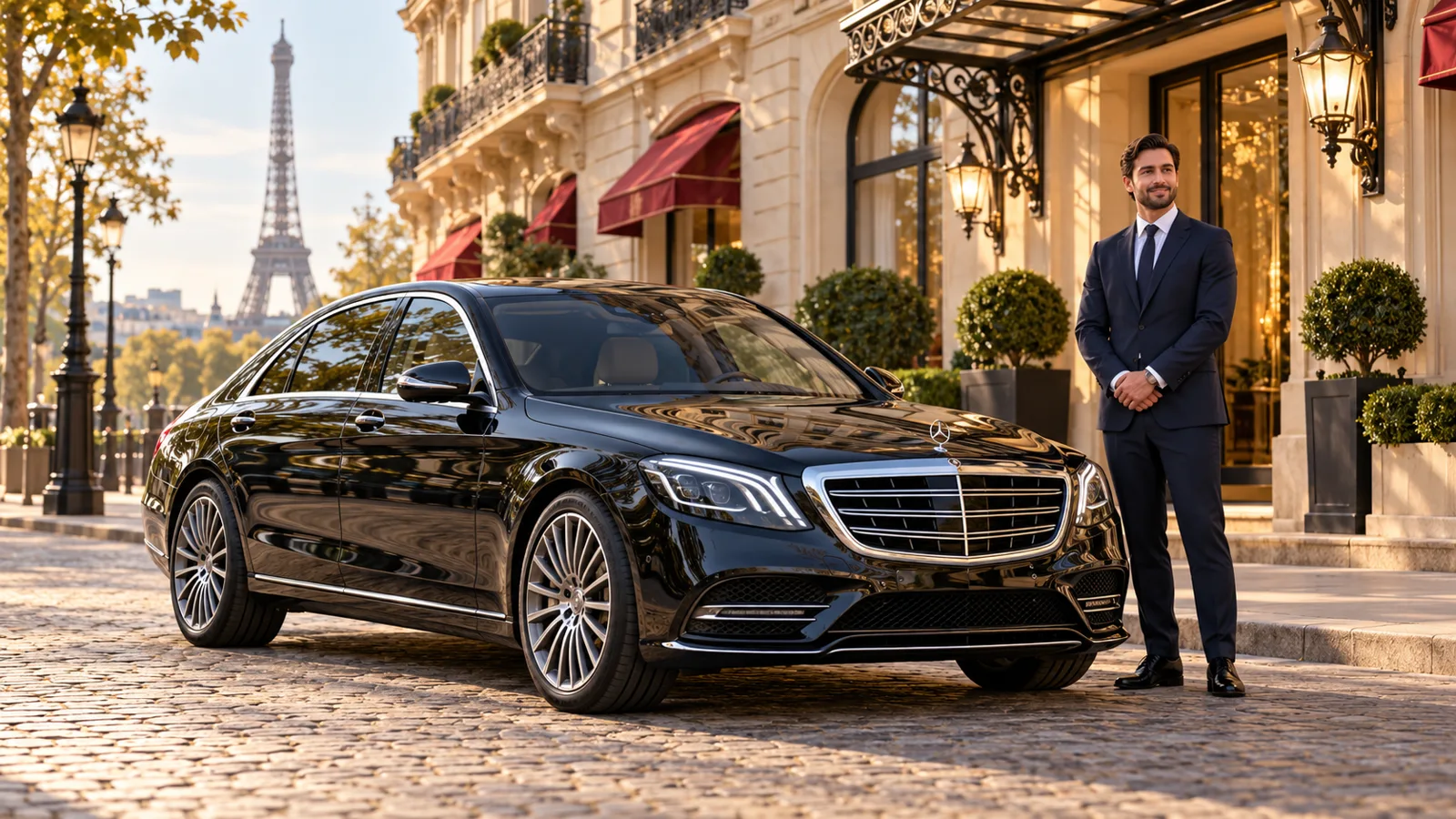 Une Mercedes Classe S noire et son chauffeur dans une avenue élégante de Paris
