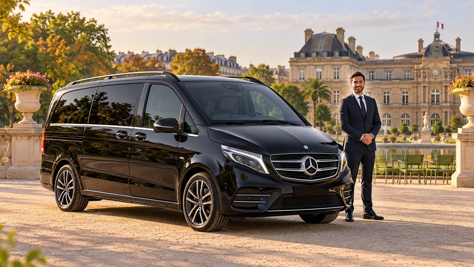 Un van Mercedes Classe V noir avec son chauffeur près du jardin du Luxembourg