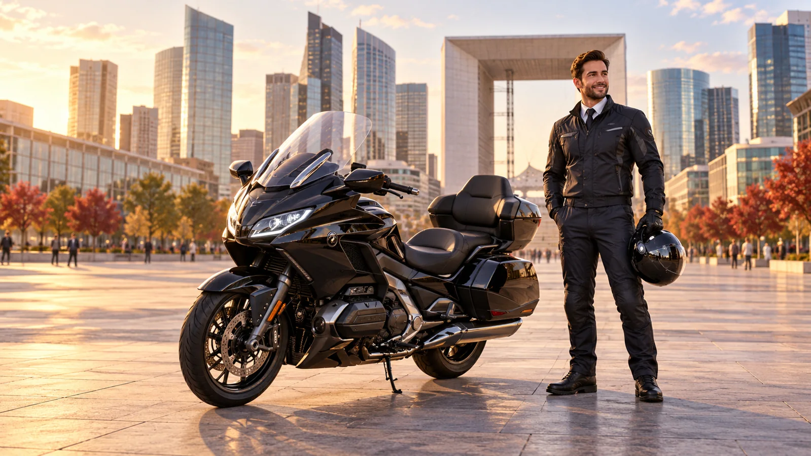 Un chauffeur équipé à côté d’une moto de tourisme noire à La Défense