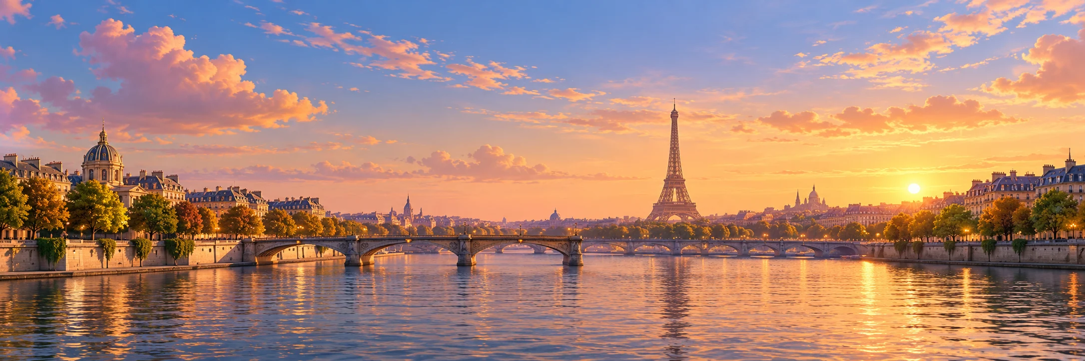 La tour Eiffel et la Seine dans une lumière dorée à Paris