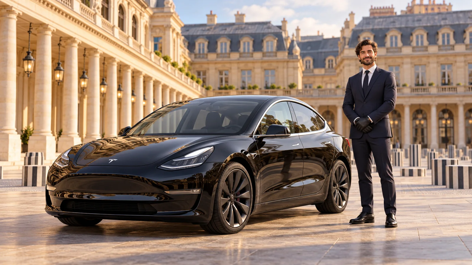 Une Tesla Model 3 noire et son chauffeur près du Palais-Royal à Paris