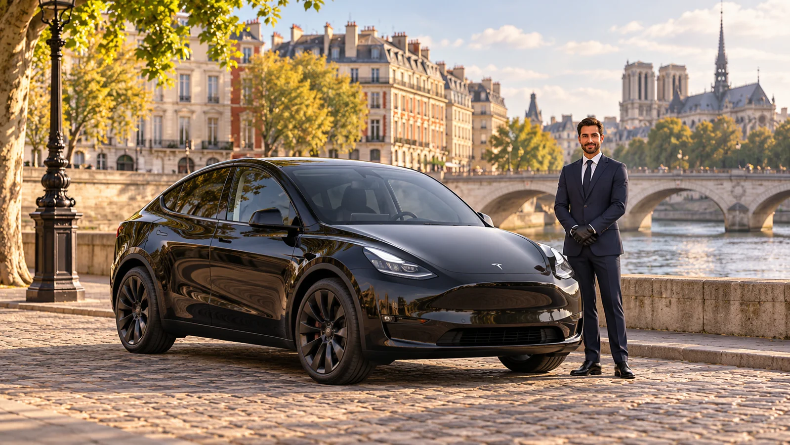 Un Tesla Model Y noir et son chauffeur sur les quais de Seine à Paris
