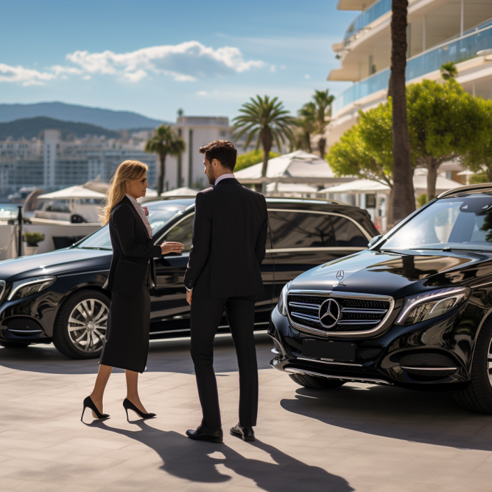 Homme et femme se dirigeant vers leur voiture privée à Cannes