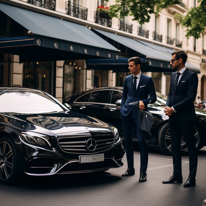 Deux hommes se dirigeant vers leurs voitures privées à Paris