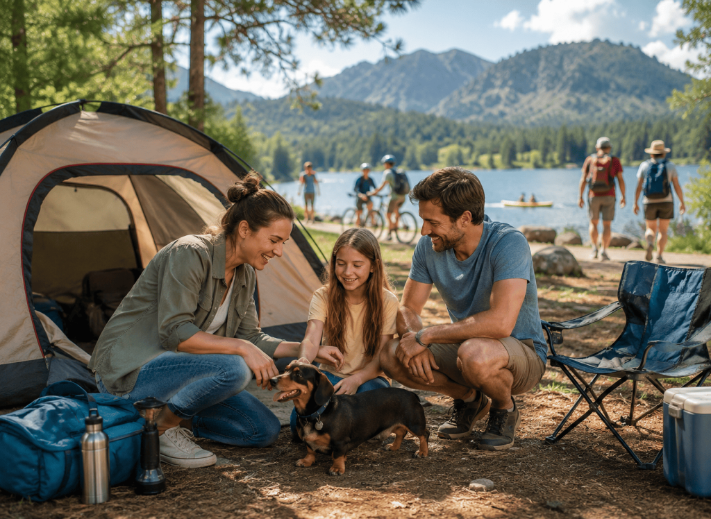Famille en vacances avec un Teckel devant une tente de camping, entourée de touristes et d'activités de plein air après un trajet en Pet Taxi.