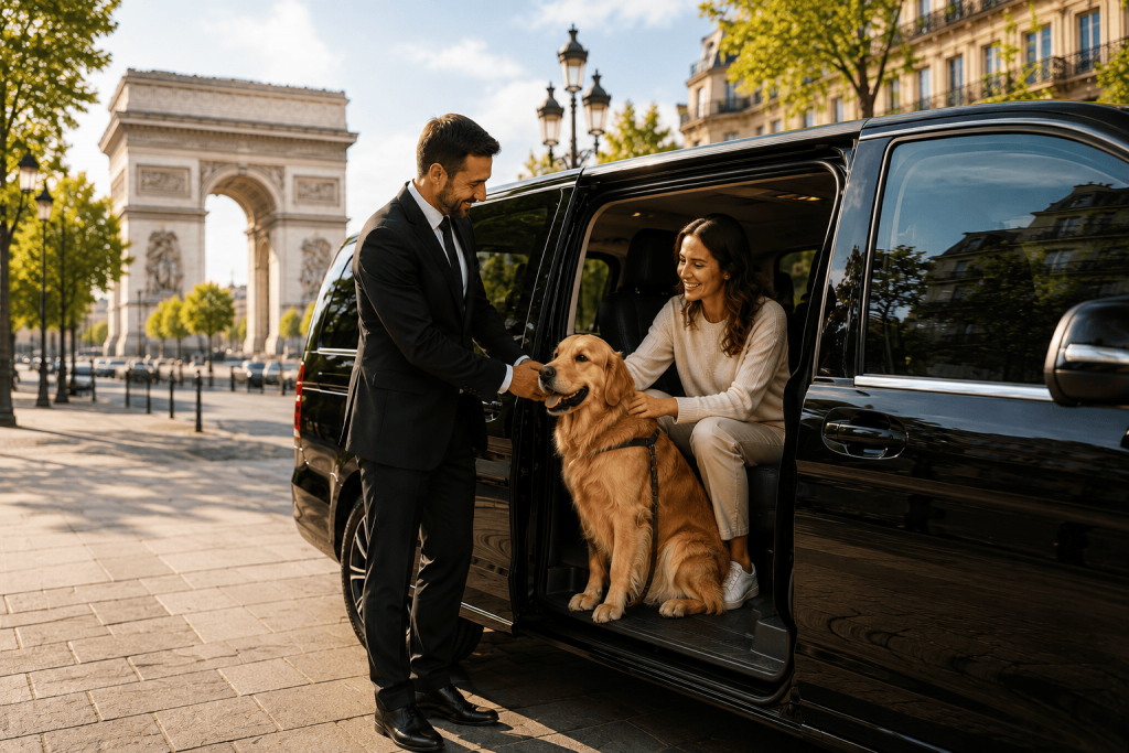 Chauffeur privé accueillant une cliente et son chien dans un van de Pet Taxi à Paris devant l'Arc de Triomphe.
