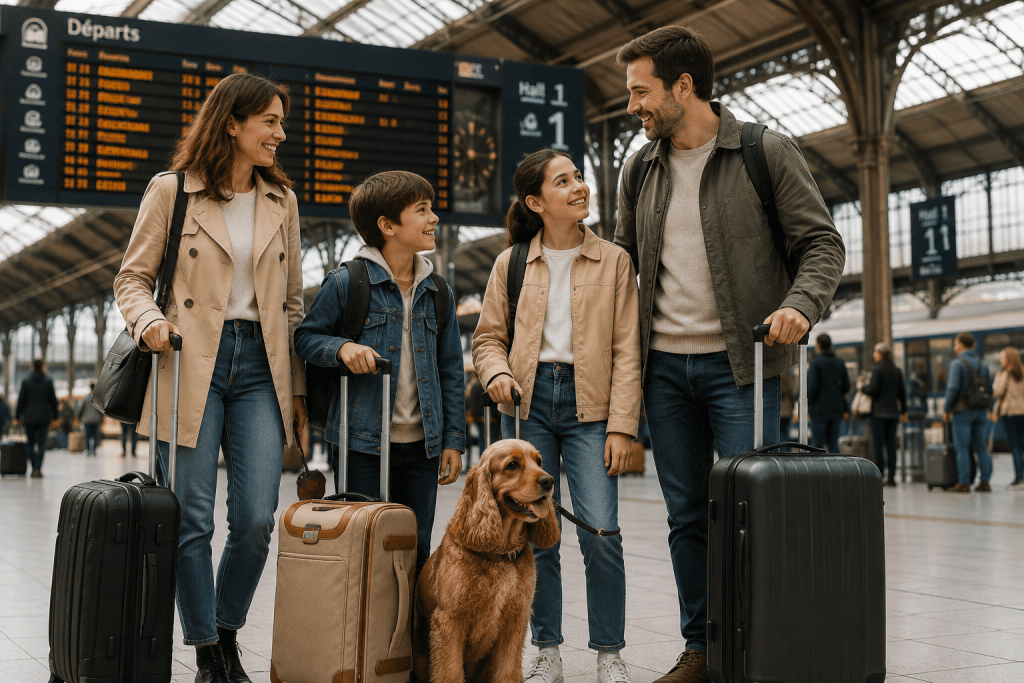 Famille avec ses bagages et son chien Cocker anglais dans une gare parisienne avant un trajet en Pet Taxi vers leur destination.