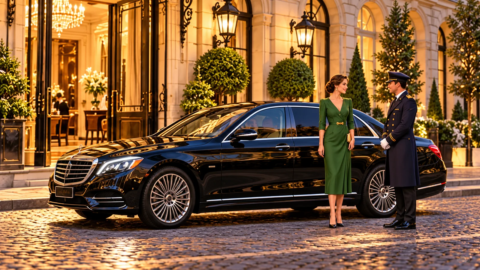 Une dame debout et un concierge devant une berline noire aux portières fermées, à l’entrée d’un hôtel parisien