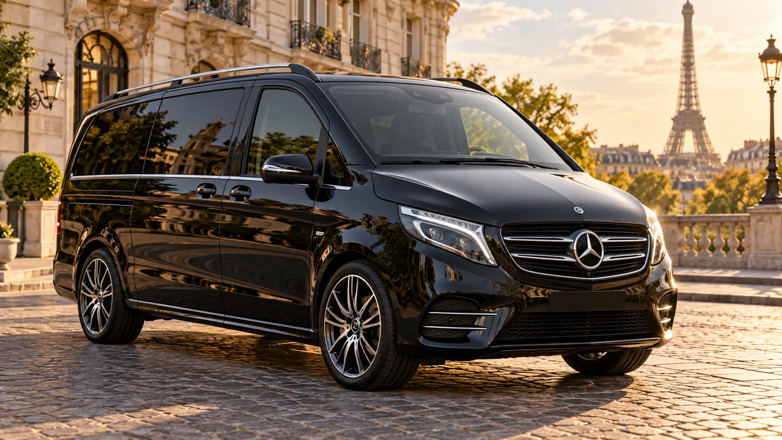 Un van Mercedes noir seul devant un décor parisien, portières fermées