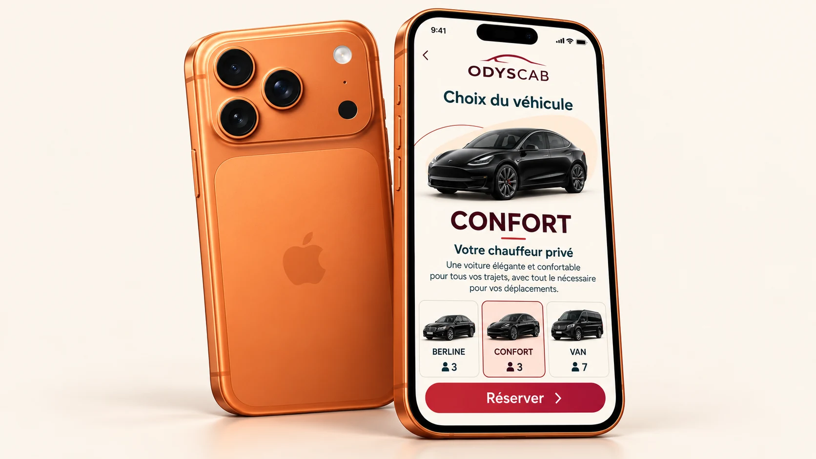 Deux iPhone orange, de dos et de face, présentant l’application VTC Odyscab et une Tesla noire