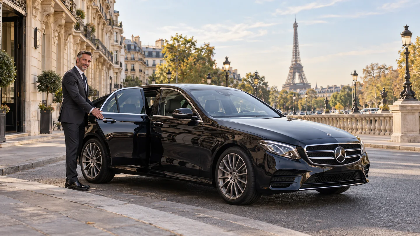 Chauffeur VTC Odyscab en costume près d’une berline
