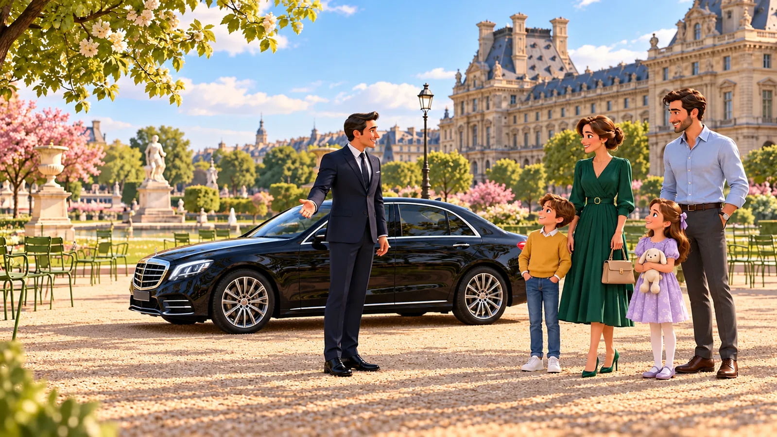 Un chauffeur en costume accueille une famille près d’une berline noire dans un jardin parisien