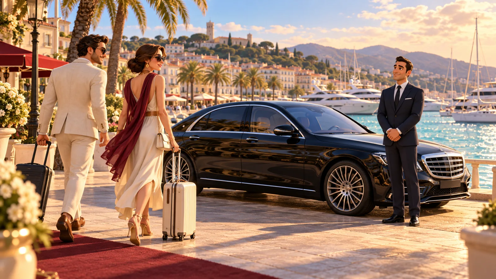 Un chauffeur attend près d’une berline noire sur le front de mer à Cannes, avec des voyageurs et des yachts en arrière-plan