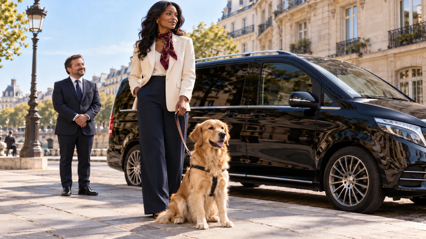 Un golden retriever en laisse attend près de sa propriétaire et d’un chauffeur de taxi animalier, devant un van noir à Paris