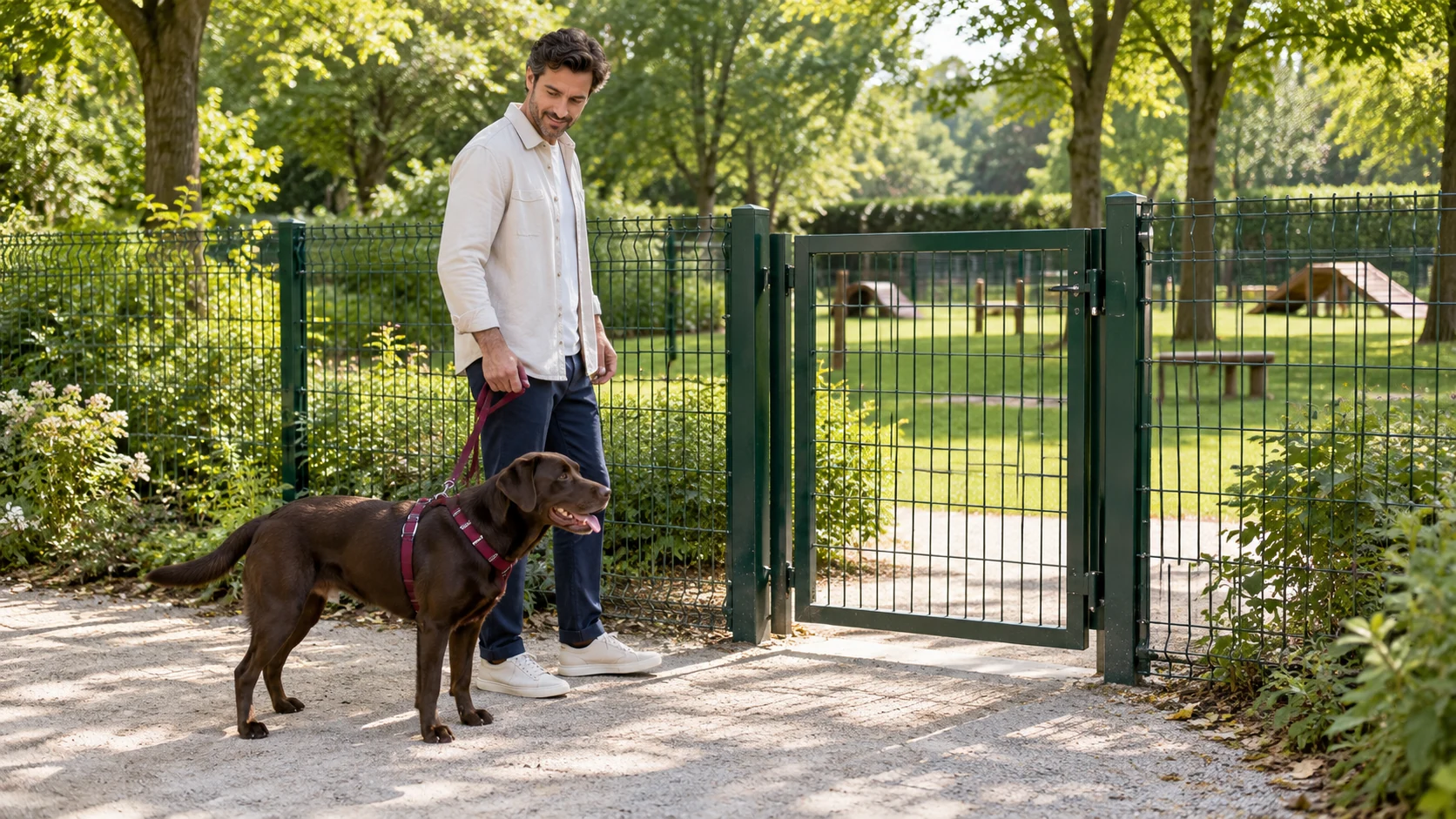 Un homme et son labrador en laisse attendent devant l’entrée d’un parc canin clôturé et arboré