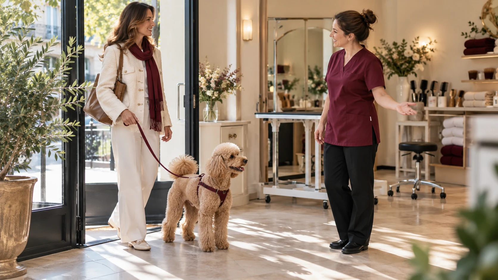 Une propriétaire arrive avec son caniche en laisse dans un salon de toilettage lumineux, accueillie par une toiletteuse