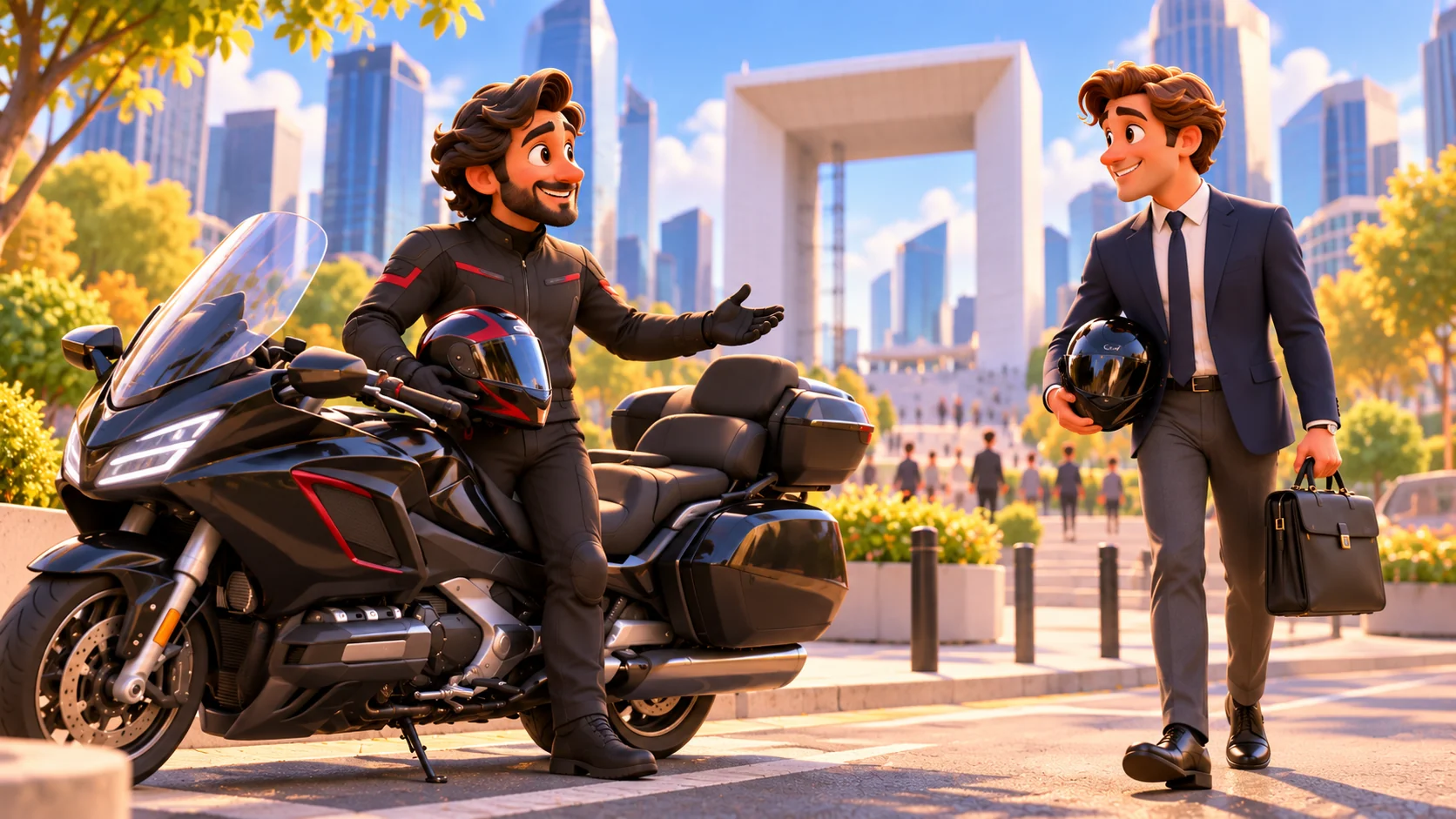 Illustration 3D d’un chauffeur et d’un voyageur professionnel avec une moto devant la Grande Arche de La Défense