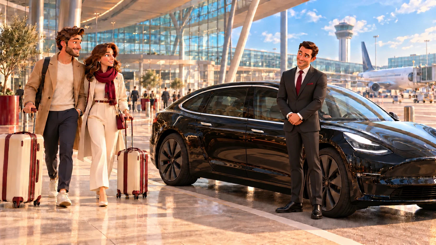 VTC aéroport Odyscab — le sens de l’accueil Illustration 3D : un chauffeur accueille deux voyageurs avec leurs valises près d’une berline à l’aéroport