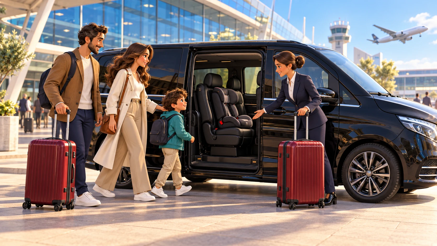 VTC aéroport en famille — van et bagages Illustration 3D : une famille et une chauffeuse près d’un van avec un siège enfant à l’aéroport