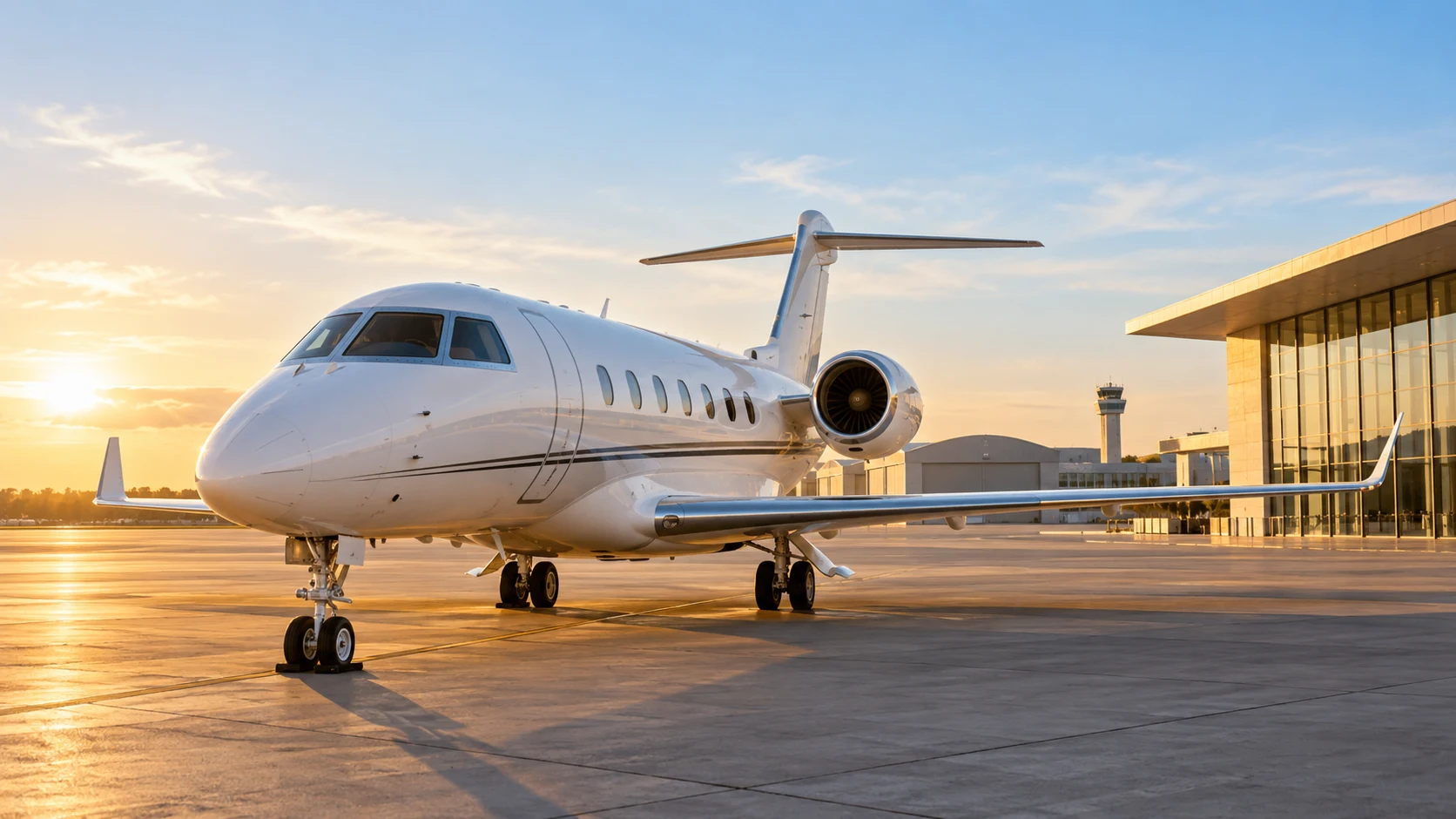 VTC aéroport Le Bourget : transferts et aviation privée Jet d’affaires blanc sur le tarmac dans une lumière dorée