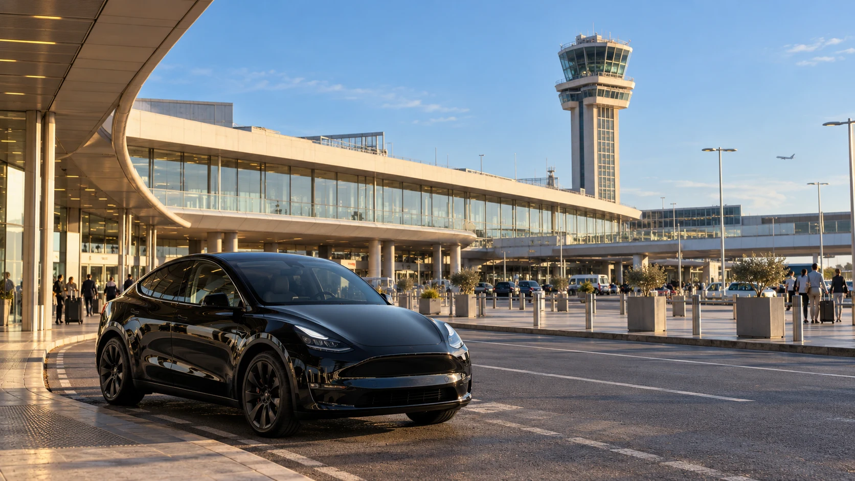 VTC aéroport Orly : départ avec chauffeur privé SUV électrique noir devant un terminal et une tour de contrôle dans la lumière du matin