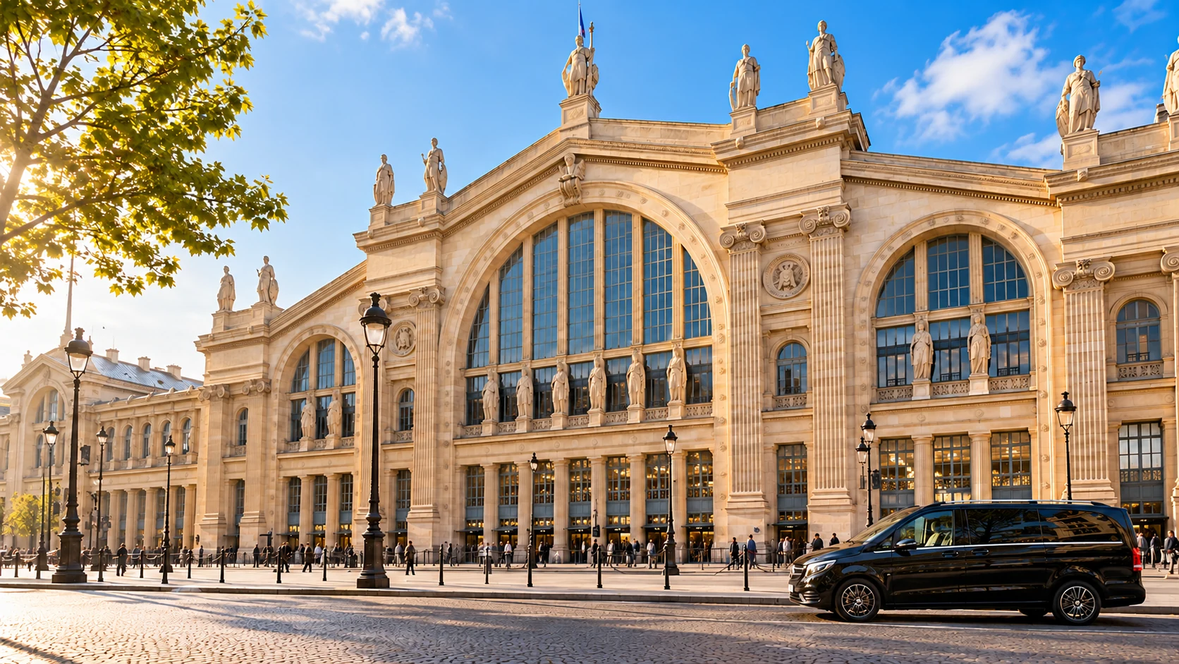 Van noir devant une grande façade de gare parisienne ornée de statues, dans une lumière dorée
